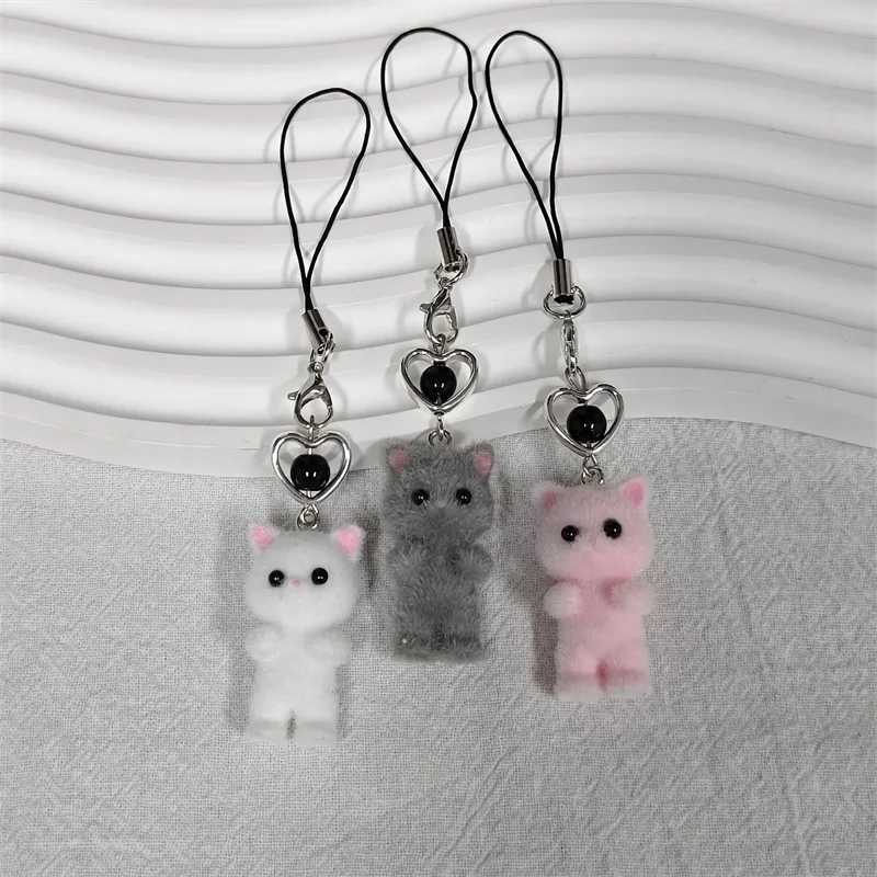 Cute Plush Resin Cat Pendant Keychain For Women Simple Design Mobile Phone Rope Chain Lovely Animal Bag Car Keyring Young GirlsX240919