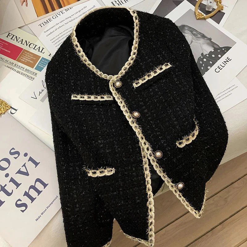 MEXZT Vintage Black Tweed Jacket Women Elegant Cropped Quilted Coat Korean Commute Blazer Winter Ladies Thicken Short Outerwear 240920