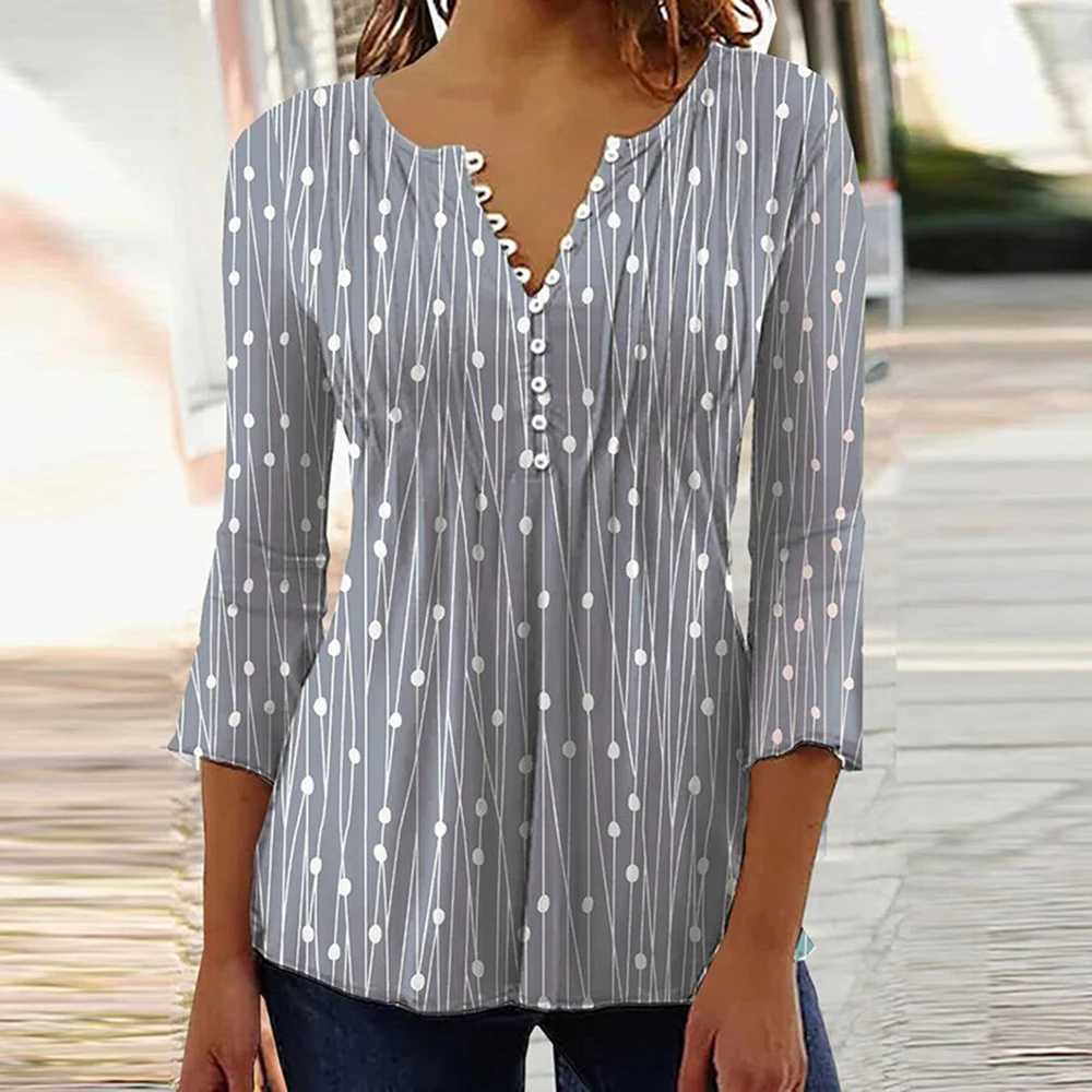 Trendy 3D Printed Shirts for Women Spring Summer 3/4 Sleeve V Neck Buttons Blouse Shirt Elegant Ladies Long Sleeve Tops M240920