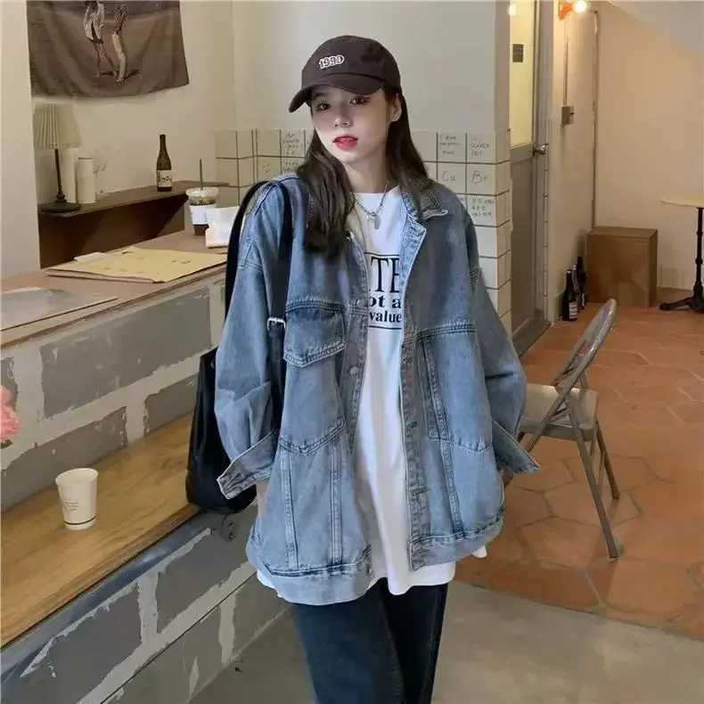 Spring Autumn Womens Oversize Loose-fit Hidden Top Vintage Hongkong Style Trendy Clothing Denim JacketX240920