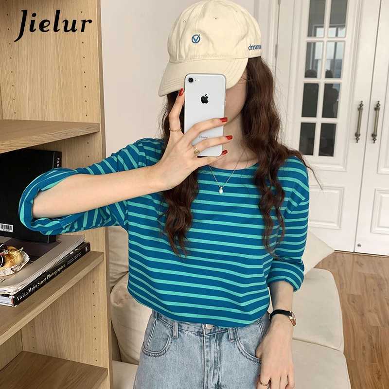 Jielur Korean Fashion Striped T-shirt Autumn Long Sleeve Womens Top Loose Casual Cotton T-shirt Female Blue Orange S-XL M240920