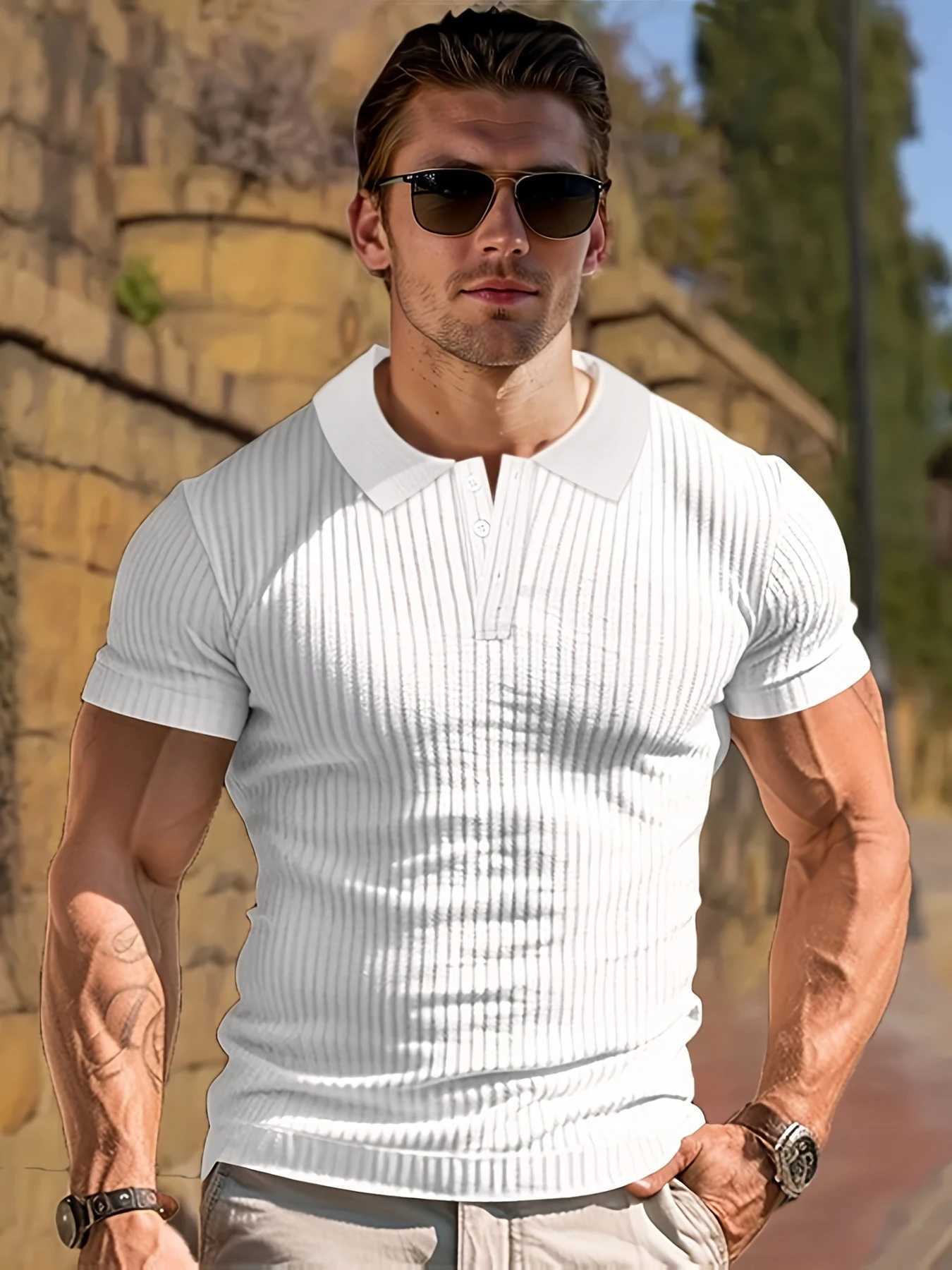New Summer Polo Men Solid Stripe Fitness Elasticity Short Sleeve Polo Shirts for Men Fashion Stand Collar Mens ShirtsX240920