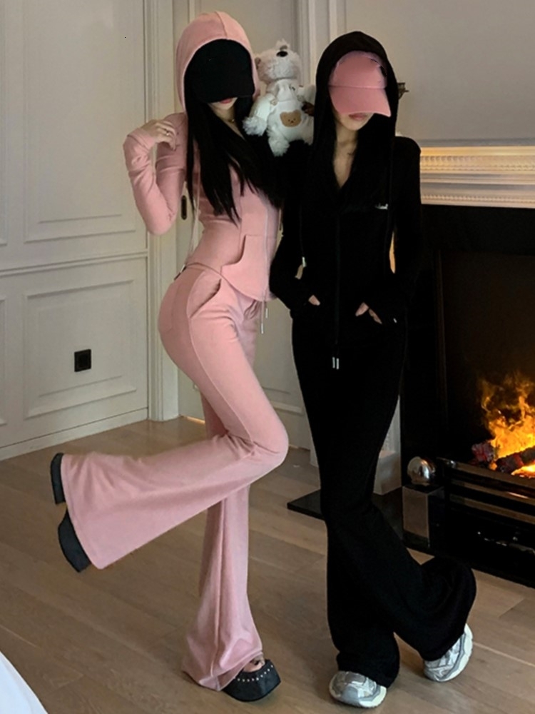 Y2k High Street Two Piece Set Tracuit Women Hooded Zipper Jacket + Drawstring Wide Leg Pants Korean Fashion Solid Slim Outfits