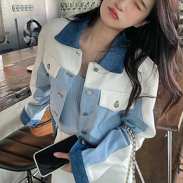 Autumn Fashion Patchwork Denim Jacket New Lapel Contrast Color Casual Traff Woman 2024 Coat Long Sleeves Slim Womens JacketsX240920