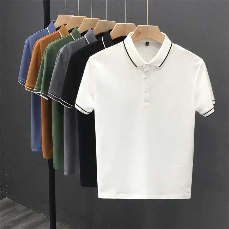 2023 New Summer Ice Silk Polo Shirt Mens Short Sleeves Business Fine Line Lapel T-shirt Top ServiceX240920