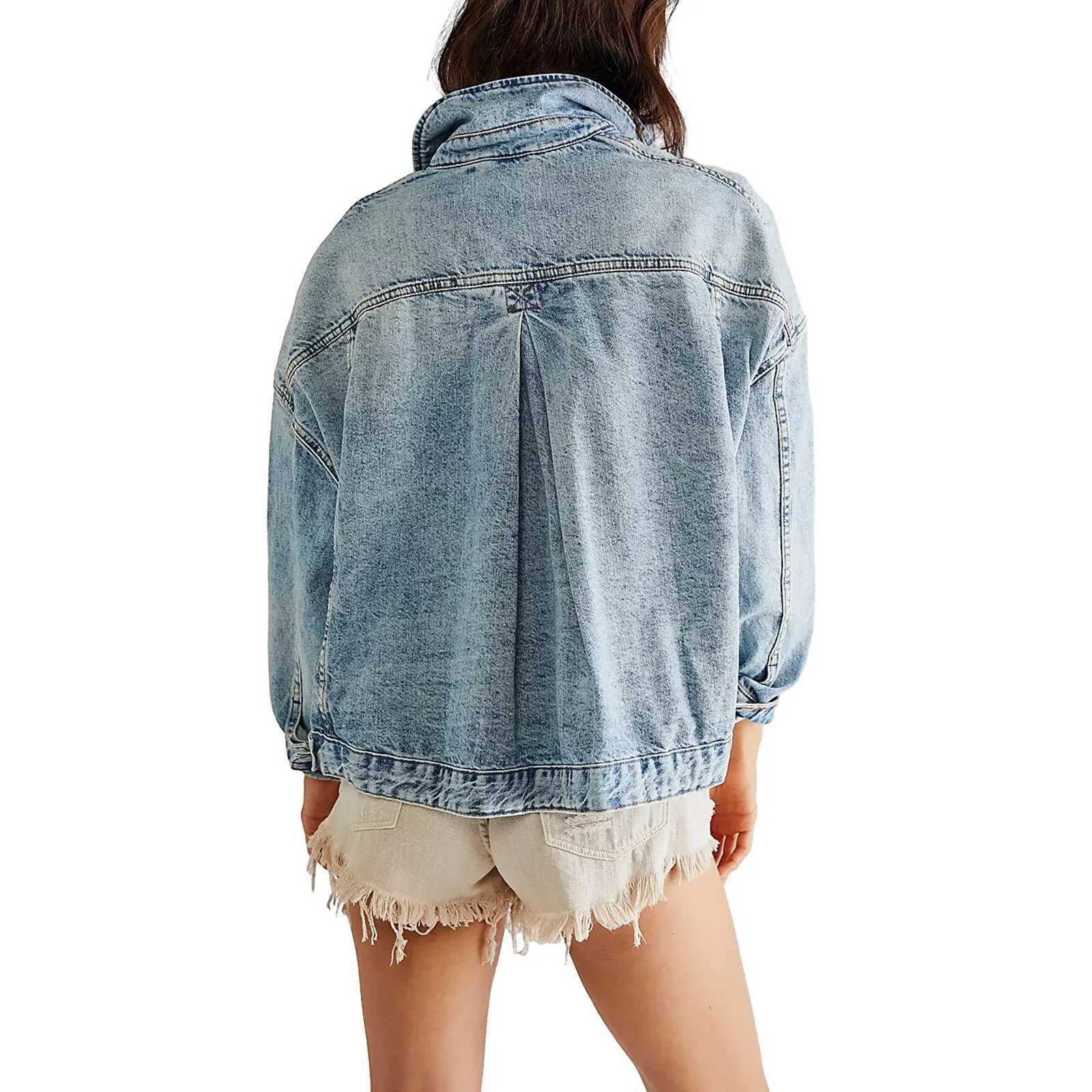 Denim Coat Single Breasted Women Jackets Turn Down Collar Outerwear Cardigan Solid Loose Pockets Washed Button High StreetX240920