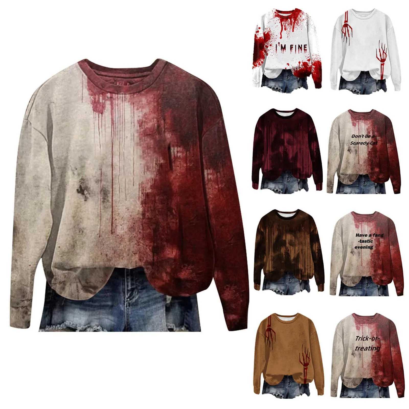 Women Halloween Horror Bloody Print Hoodies Long Sleeve Casual Sweatshirts Round Neck Workout Pullover Tops Sudaderas De Mujeres Y240920