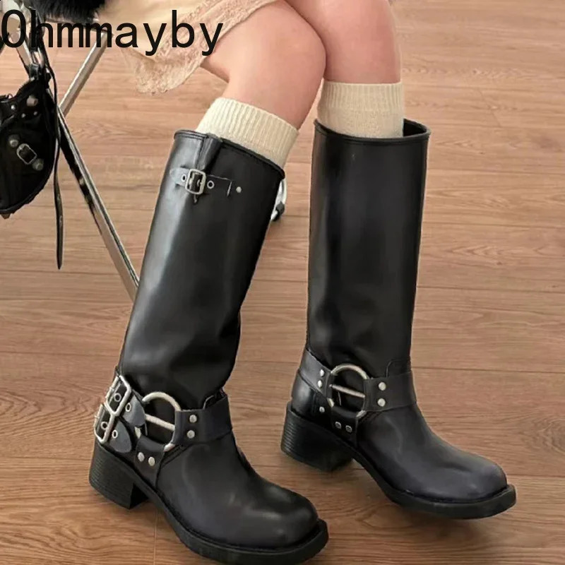 Autumn Winter Knee High Women Fashion Ladies Belt Buckle Knight Long Boots Womens Biker Booties 240909