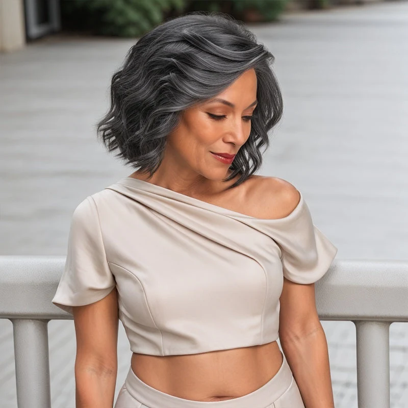 Soft Salt And Pepper Peppered Short Body Wave Wig 5x5 Lace Front Human Hair Wigs about 13day
