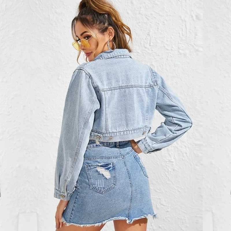 Womens denim jacket - fashionable lapel ultra short washed blue jacket high-qualityX240920