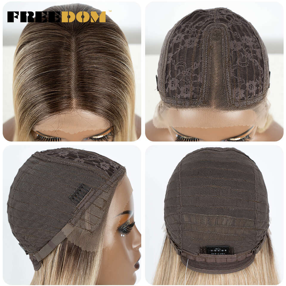FREEDOM Synthetic Front Wigs For Women Straight 22 Inches Bob Ombre Brown Blonde White Lace Easy Wear Cosplay Wig