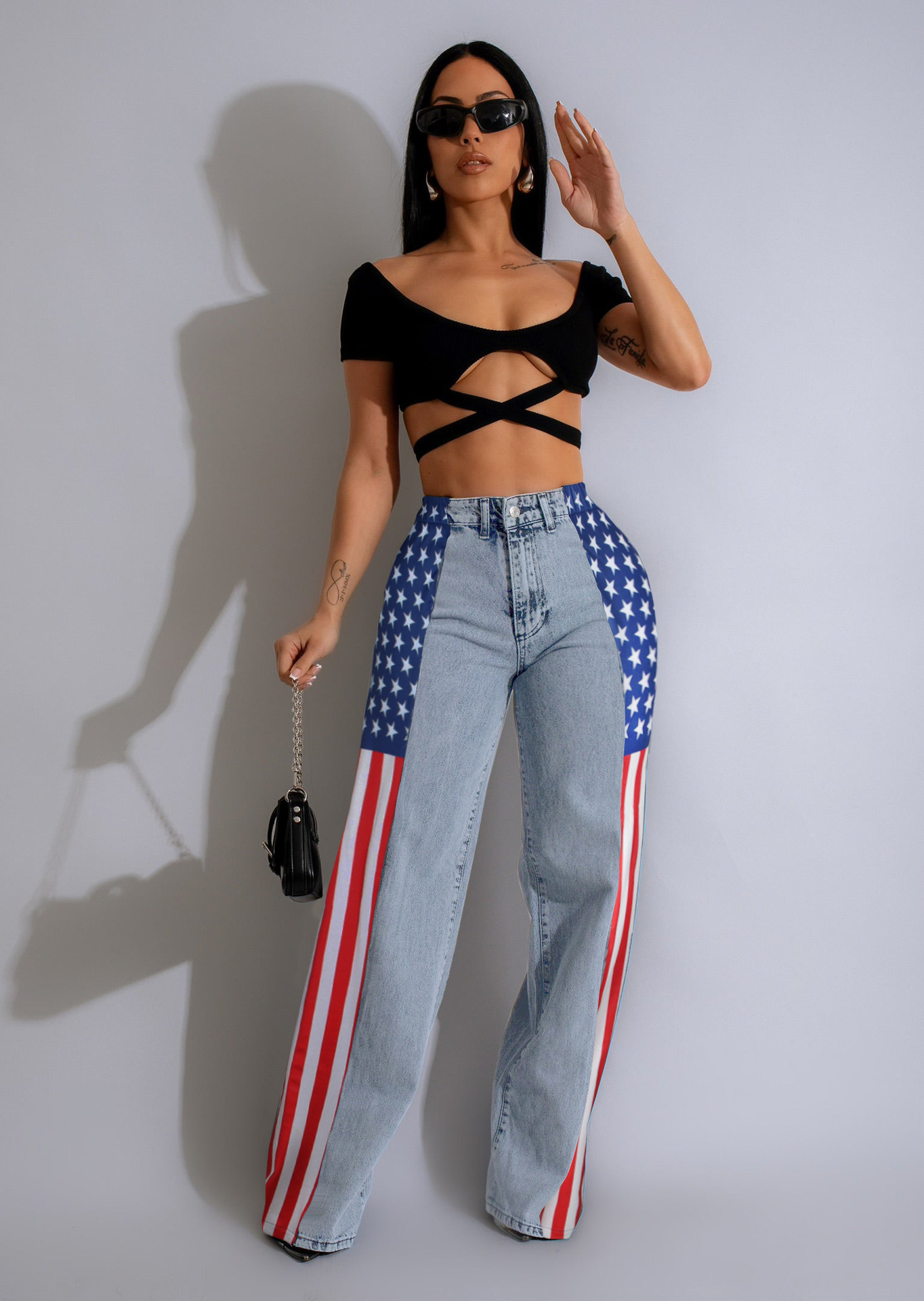 Womens Jeans Printed elastic wide leg denim pants for womens casual high waisted straight leg jeans