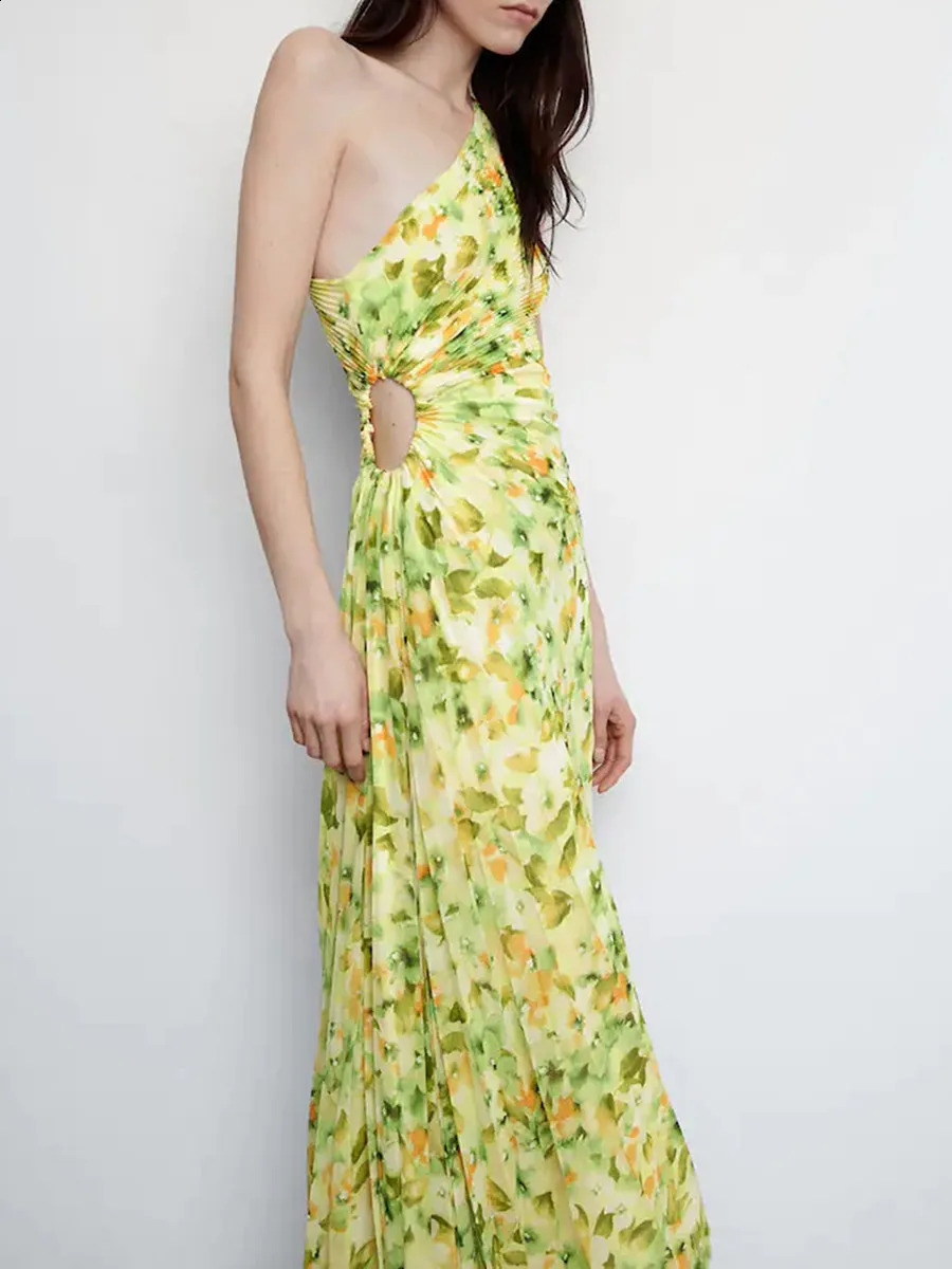 Women Elegant Long Dress Summer Sleeveless One-shoulder Pleated Hollowed Irregular Dress for Cocktail Party Beach Sundress Y2K 240920