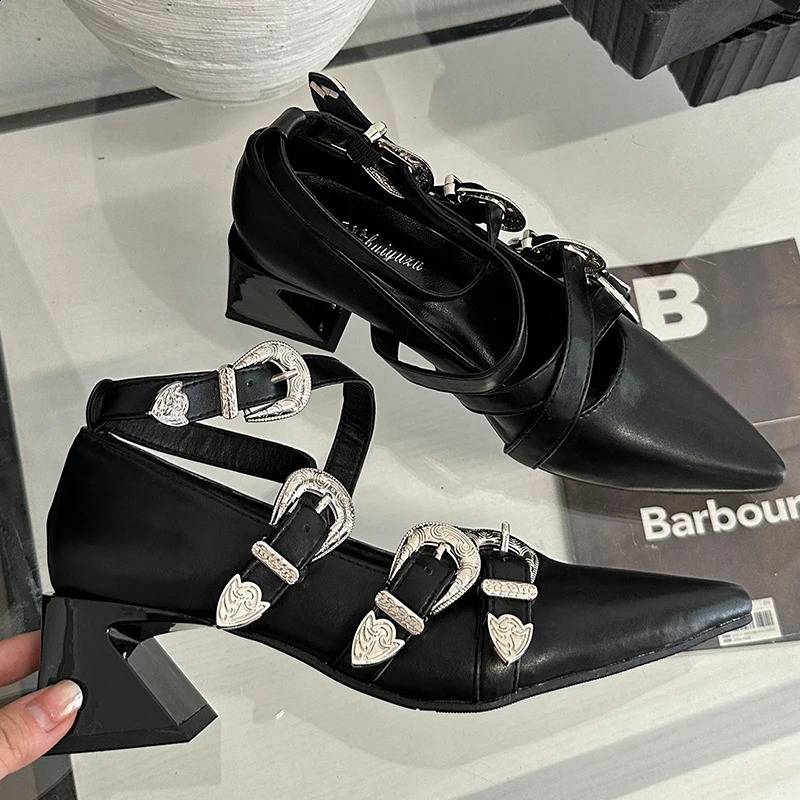 Womens 2024 Heel Womens Pump Shallow Shoe Corner Lace Fashion Metal Buckle Strap Womens Thick Shoes 240919