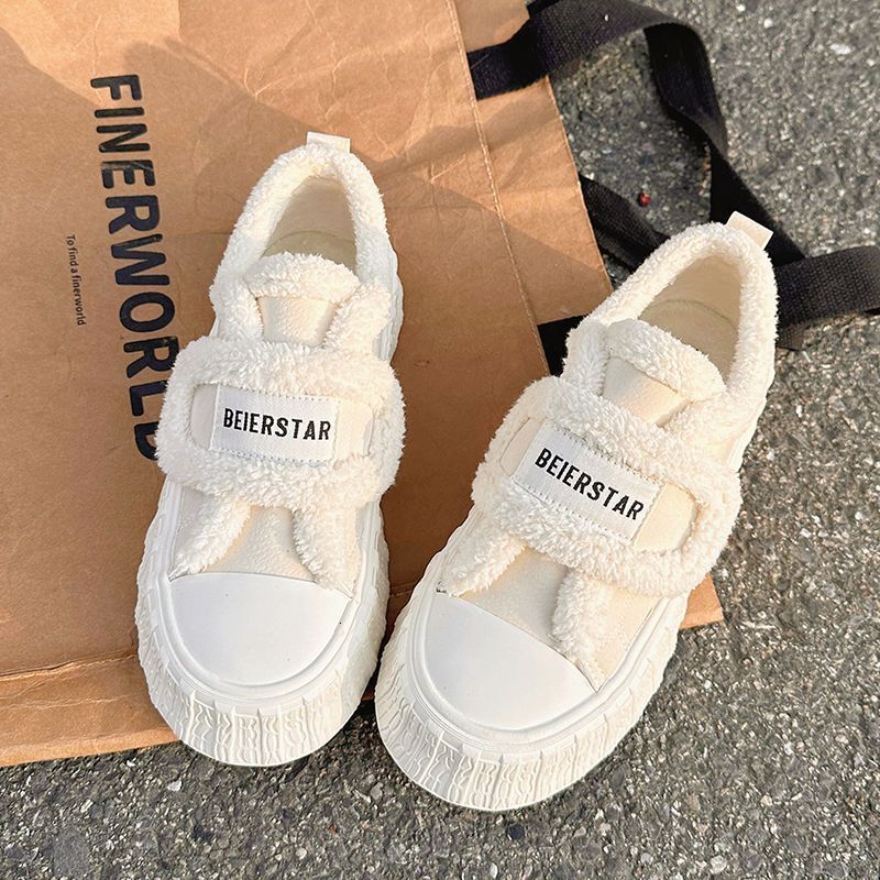 Winter Women Breathable Warm White Wool Thick Heel Plaid Sneakers Casual Running Platform Y2k Lolita Shell Shoes