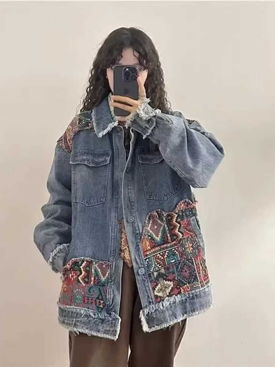 Vintage Boho Embroidery Denim Jacket Spring Autumn 2024 Long Sleeve Casual Loose Trend Folk-custom Stitching Raw Edge Jeans CoatX240920