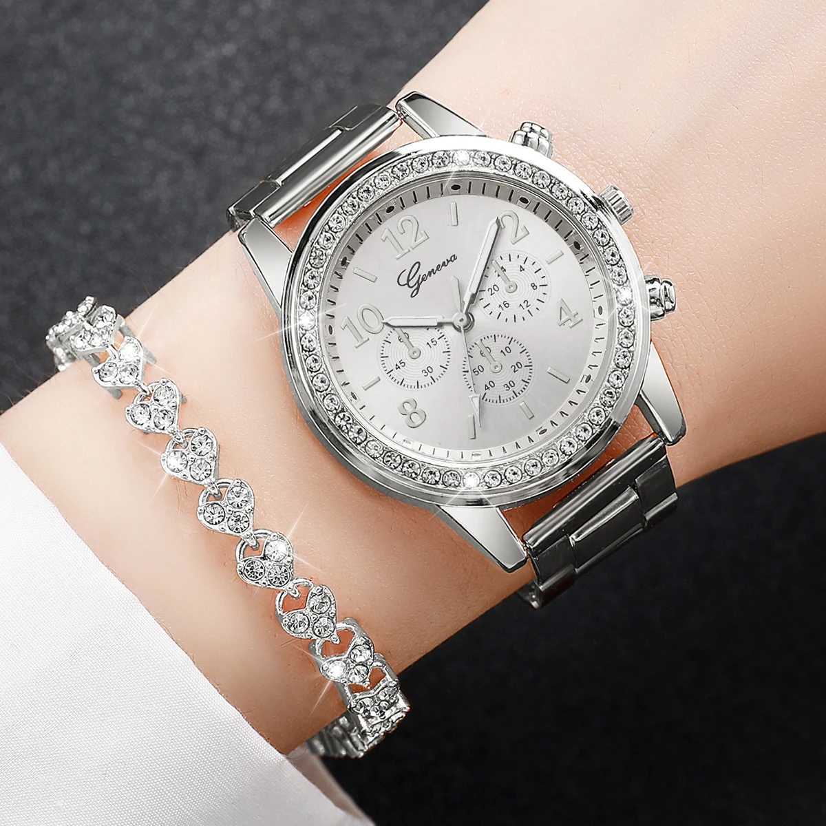Fashion Women Stainless Steel Silver Color Quartz Watch Diamond BraceletX240920