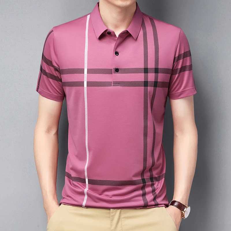 High Quality Mens New Summer Plaid Short Sleeved Seamless Polo Shirt Business Casual Breathable Mens Striped Lapel T-ShirtX240920