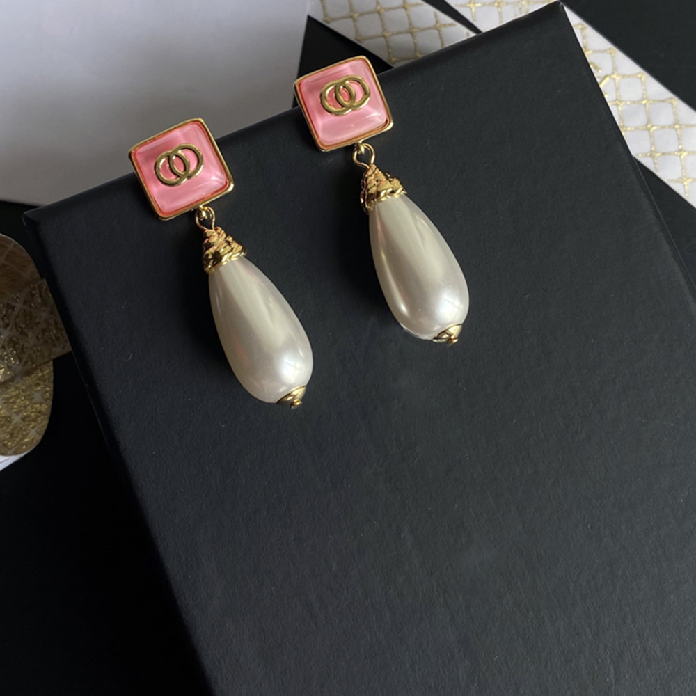 High Quality Long Style Designer Ear Stud Pearl Eardrop Earrings Real Gold Brass Copper Stamp Letter Earring Fashion Womens Bride Wedding Party Jewelry Accessories