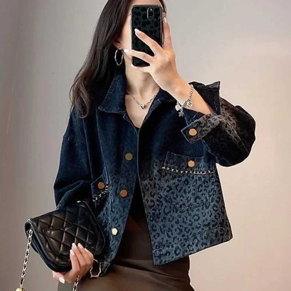 Female Jeans Coat Short Spring Autumn Small Crop Outerwears Graphic Blue Leopard with Print Womens Denim Jackets Black DesignerX240920