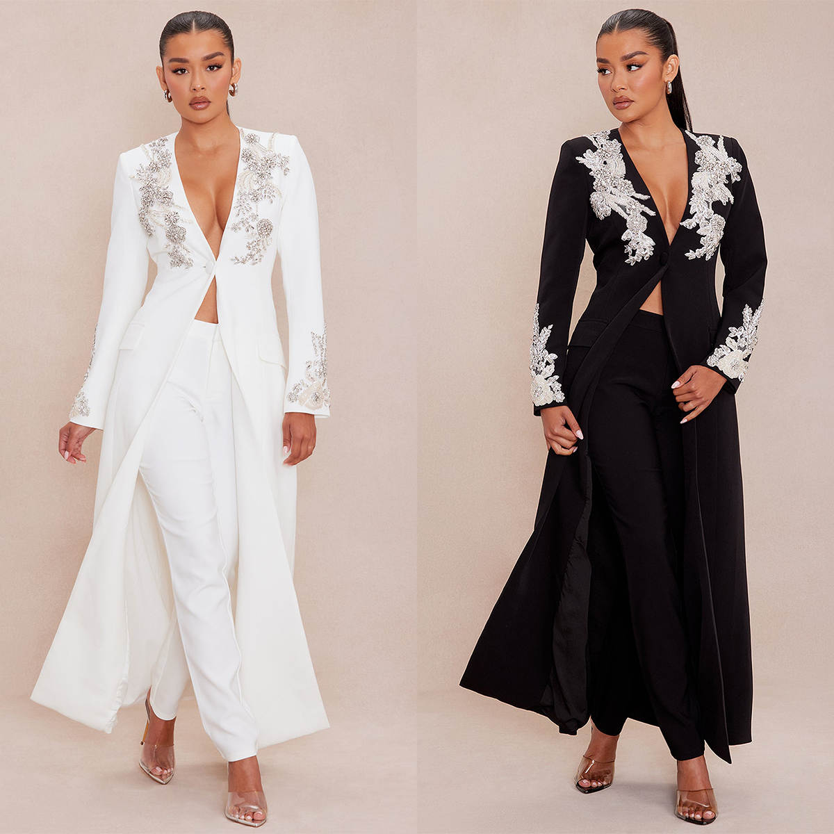 Crystal Appliques Women Pants Suits Formal Birthday Party Evening Guest Wear Long Jacket Blazer 2 Pieces Custom Made