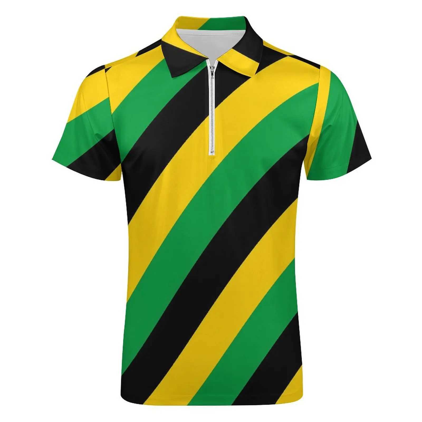 Jamaica Flag Colors Polo Shirts Diagonal Striped Casual Shirt Summer Trending Male Short-Sleeve Zipper Graphic T-ShirtsX240920