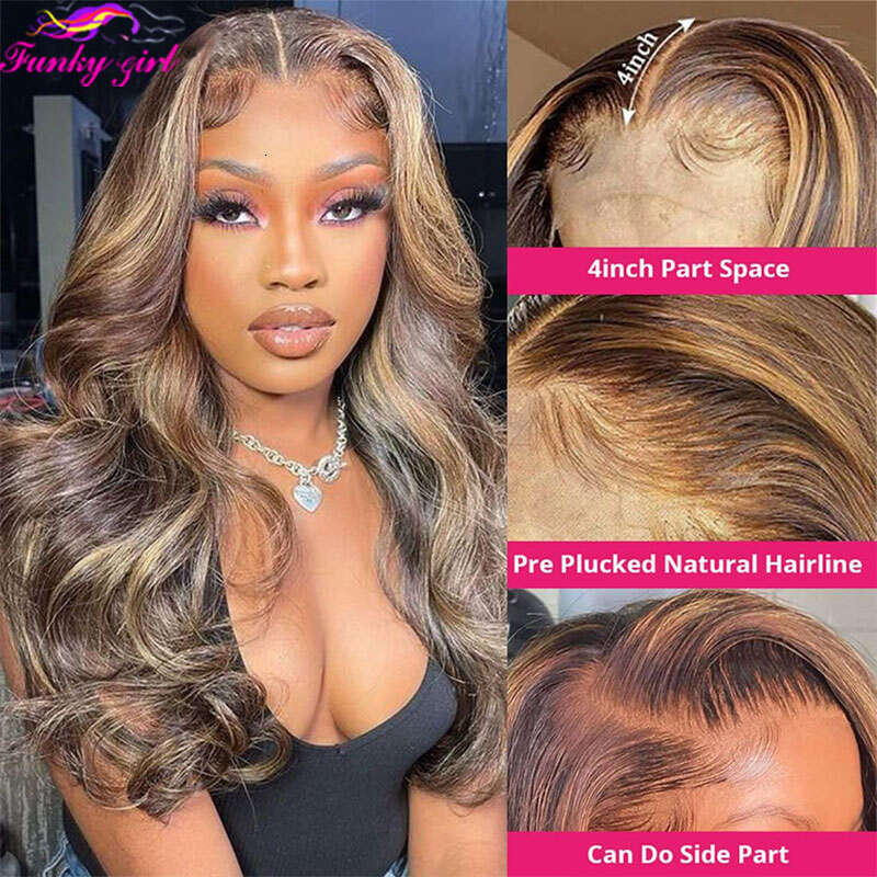 4/27 Body Wave Human Transparent Front Wig Highlight Lace Closure Wigs Brazilian 100Human Hair For Women