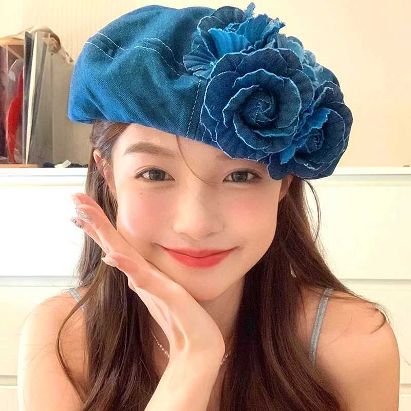 Fashion Flower Denim Beret Hats for Women Girls Spring Summer Sweet Cowboy Cap Korean Casual Artist Painter Caps 2024 NewX240919