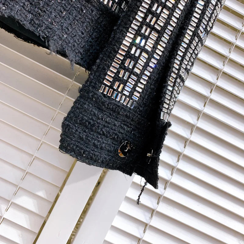 HIGH STREET Latest er Fashion Womens Shoulder Flower Emblem Rhinestone Diamond Beaded Wool Blended Coarse Linen Jacket 240919