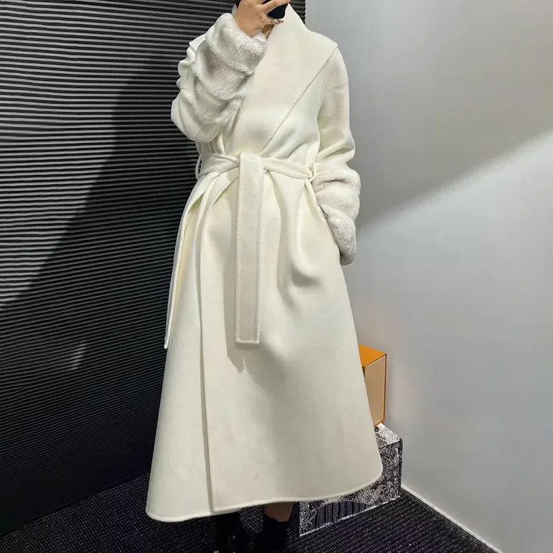 Womens Wool Coat Womens Rex Rabbit Fur Collar Oversized Trench Winter Chinchilla Colored Cashmere