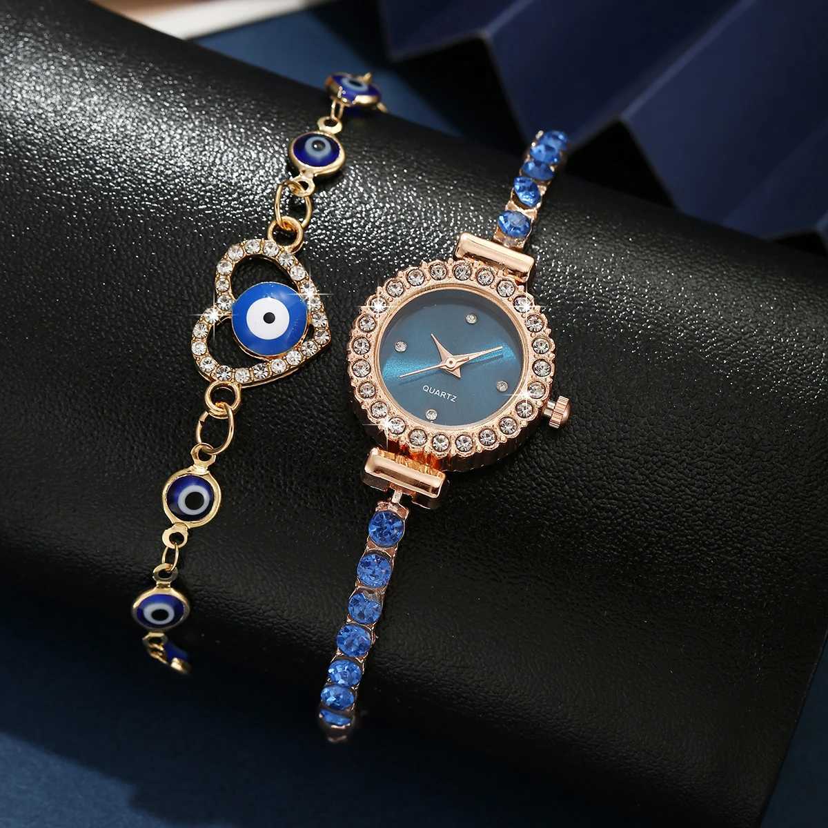 2PC Set Korean Womens Full Diamond Elegant Versatile Wrist Watch Quartz WatchX240920