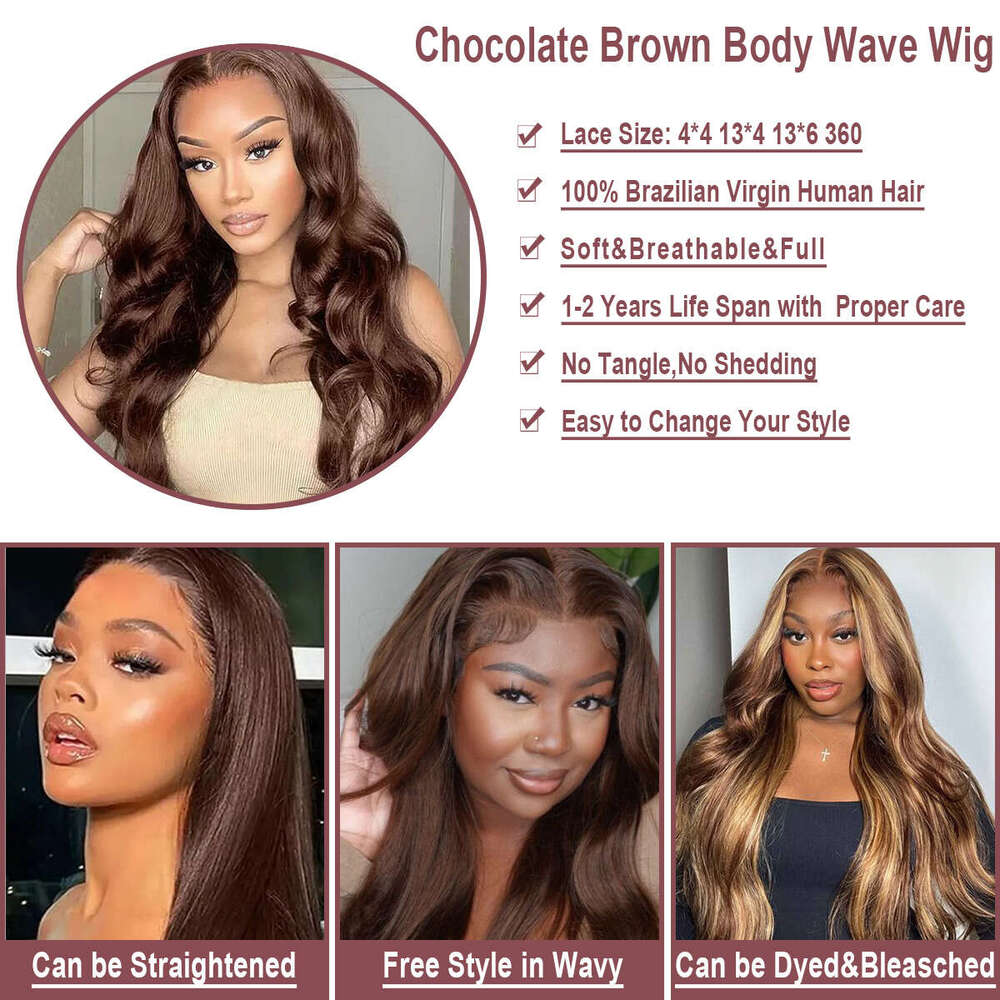 13x4 Chocolate Brown Body Wave HD Front Brazilian Lace Frontal For Women Preplucked Human Hair Wigs Curly Wig