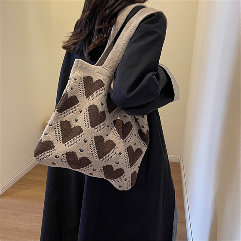 2025NEW Love Pattern Handbag New Knitted Women s Large trend fashion Capacity Weaving Tote Street Trend Shopping Shoulder Travel Bag