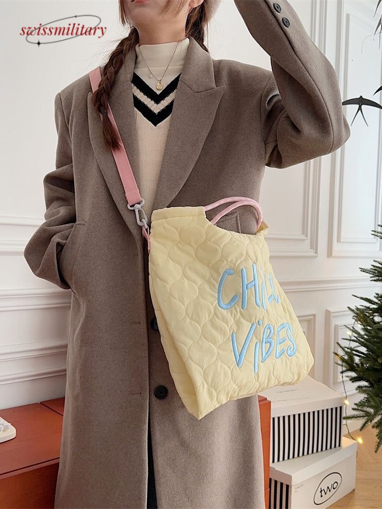 2024Autumn/Winter New Canvas Korean Edition Letter Embroidered Quilted Handbag Crossbody Bag Lightweight and Large Capacity #22 Swissmilitary