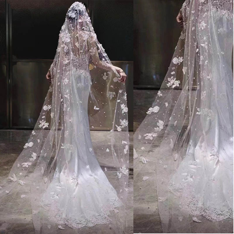 Princess Wedding Veil Appliques Pearls One Layer Long Cathedral Length Bridal Veils Bead Edge Wedding Accessories Custom Made