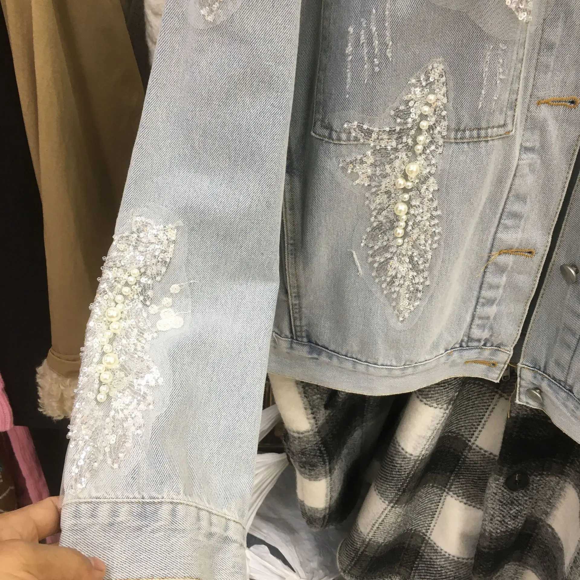 Women Pearls Beaded 3D Floral Lace Embroidery Sequin Denim Coat Flowers Diamonds Distressed Jeans Jacket Cowboy Cardigan TopsX240920