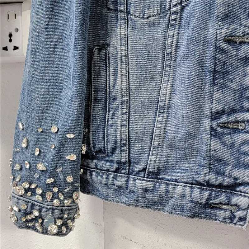 Vintage Beaded Diamonds Blue Short Jeans Jacket Spring Women Loose Lapel Single-breasted Female Denim Jacket Casual Basic CoatX240920