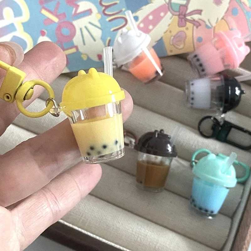 Cute Mini Pearl Milk Tea Keychain Pendant Cartoon Bear Hat Milk Tea Cup Keyring Couple Ornaments Backpack Charms Bag Decor GiftsX240919