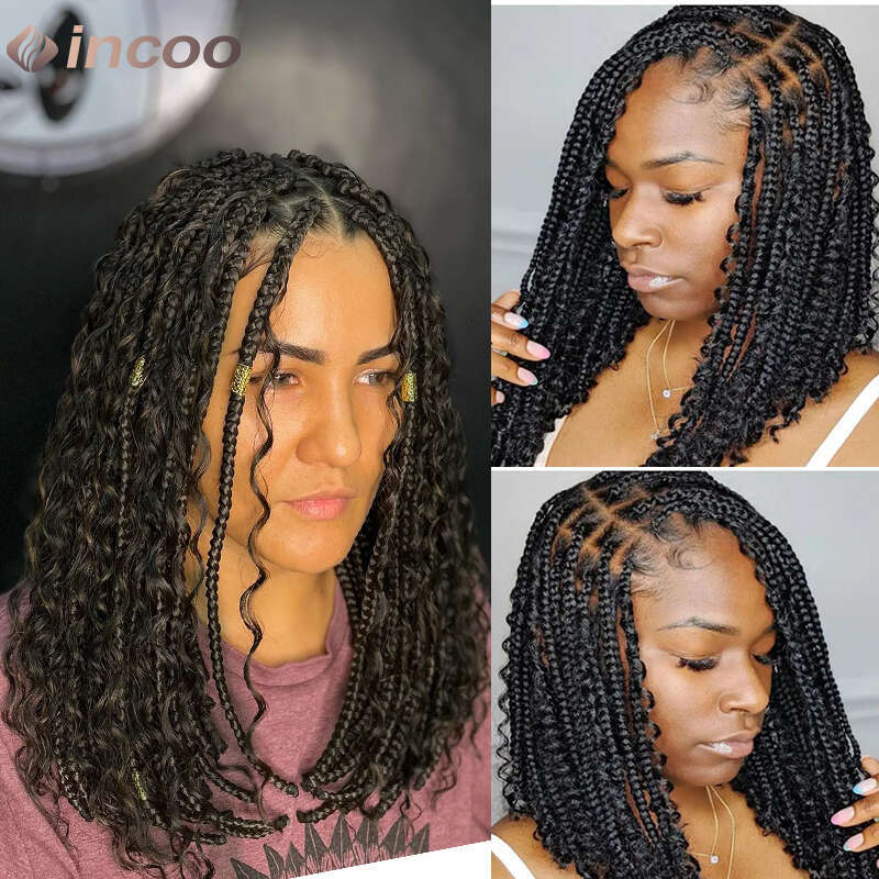 12 Inch Short Bob Braids Goddess Boho Knotless Braid Transparent 360 Full Lace Curly Synthetic Wig Pre-Plucked Baby Hair