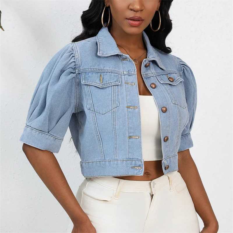 Women New Lapel Single Breasted Cardigan Denim Short Jacket Bubble Sleeve Outerwear Summer Casual Female Coat Stylish StreetwearX240920