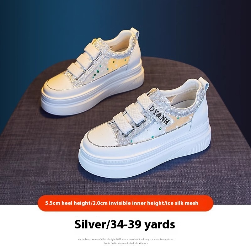 Female 2024 summer new hollow mesh breathable thin sponge cake thick sole fashionable casual with increased height inside white shoes