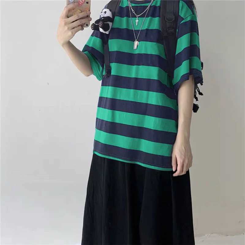 Women T-Shirts Harajuku Goth Punk stripe Print Short Sleeve Loose Clothes Oversized T Shirt Female Tops Hip Hop Tee ShirtX240920