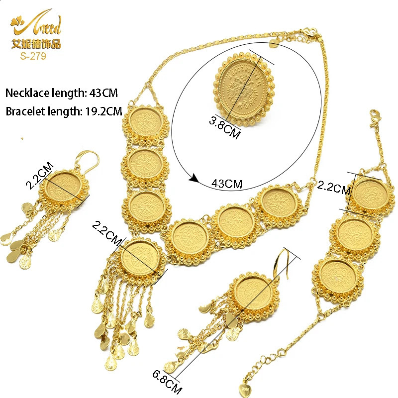 ANIID Dubai Gold Color Coin Necklace Bracelet Jewelry Sets For Women African Ethiopian Bridal Wedding Jewellery Gifts 240911
