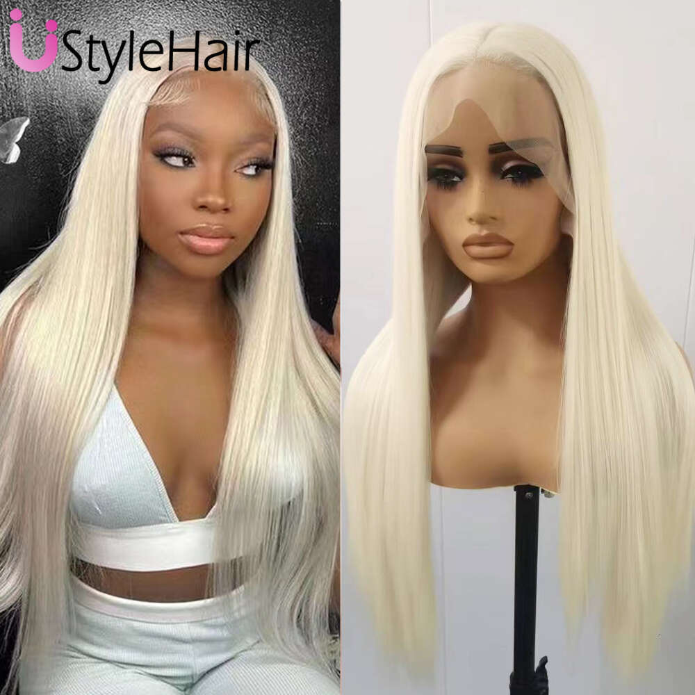Ustylehair Platinum Blonde Long Silky Straight Wig 13X6 Lace Wigs For Women Heat Resistant Synthetic Hair Daily Used Front