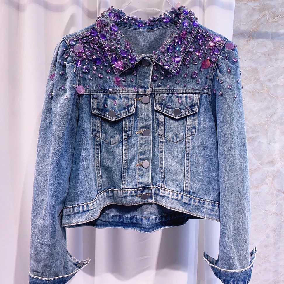 Women Retro Purple Rhinestones Beaded Denim Jacket Spring Short Sequined Jeans Coat Cowboy Cardigan Jaqueta Crop Tops 2023X240920