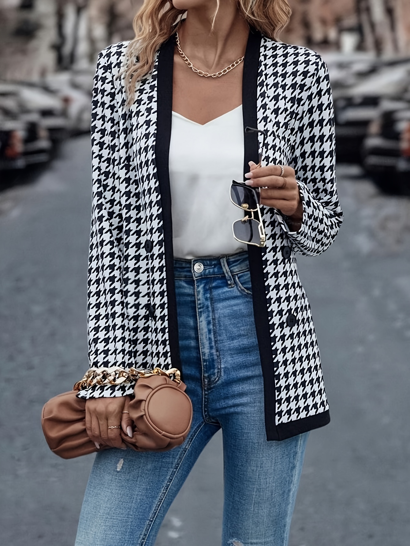 Women's Elegant Houndstooth Cardigan Mid-Length Autumn Winter New European and American Fashionable Long Sleeve Casual coat