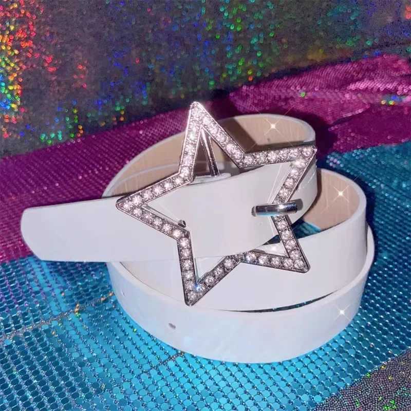 Y2K Womens Belt Pink Black and White Star Belt Denim Star PU Leather Rhinestone Belt Ins Sweet Cool Tight Jeans Belt W240920
