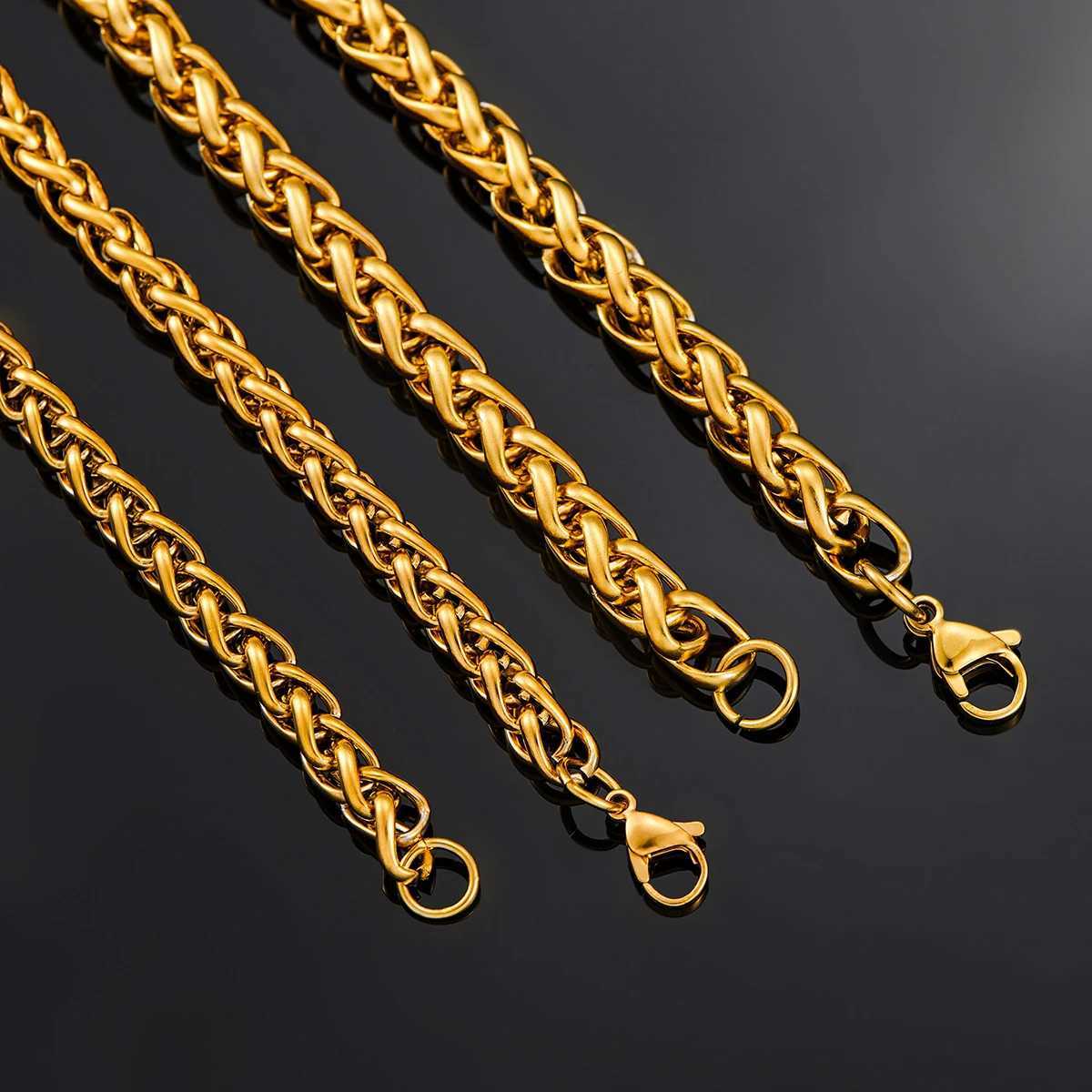 Thickness 3mm/4mm/5mm/6mm/7mm Gold Color Wheat Braided Stainless Steel Necklace Link Classic Curb Chain for Men Women JewelryX240919