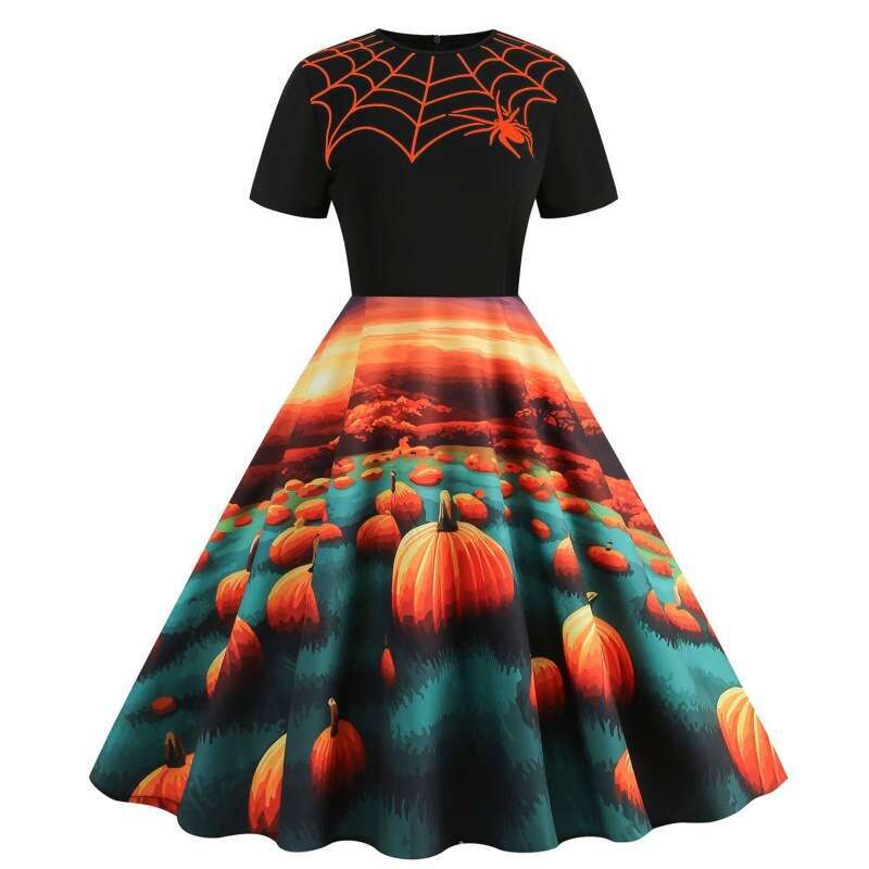 Hallowmas Halloween style new spliced round neck party print slim fitting and slimming dress with a large display