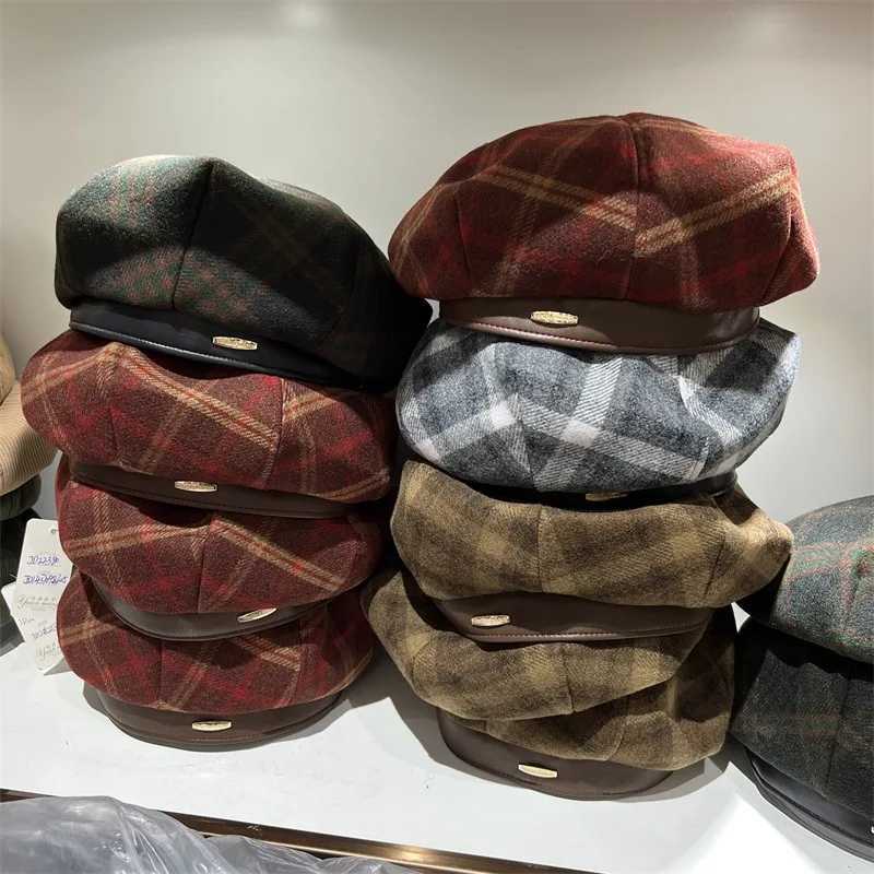 Big head leather edge beret female British retro plaid woolen octagonal hat versatile painter hat femaleX240919